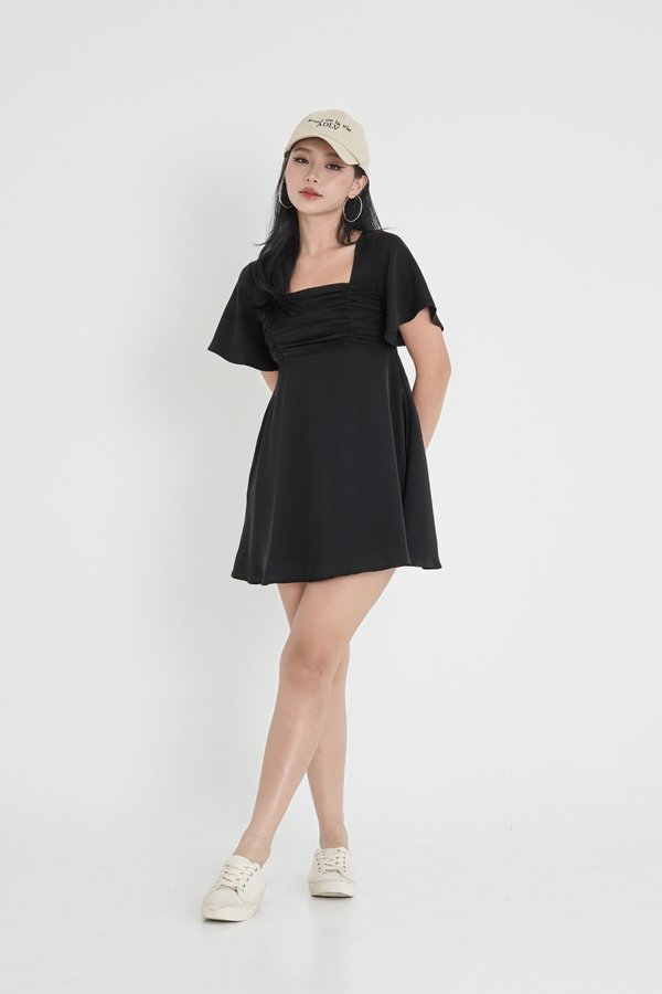 *TPZ* OHANA PLEATED BABYDOLL DRESS ROMPER *WITH DETACHABLE SHORTS* IN BLACK