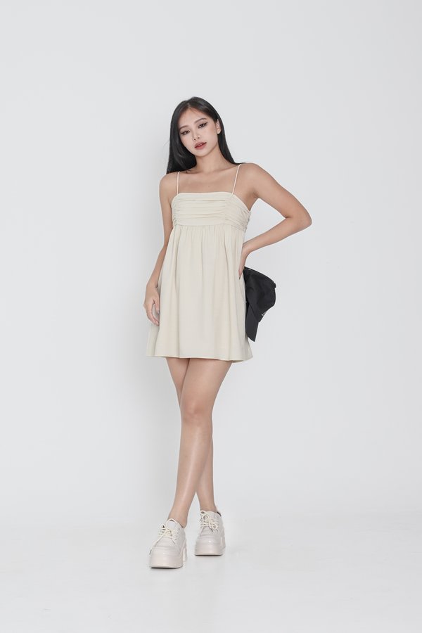 *TPZ* SEOUL RUCHED TEXTURED BABYDOLL DRESS ROMPER *WITH DETACHABLE SHORTS* IN BUTTERCREAM
