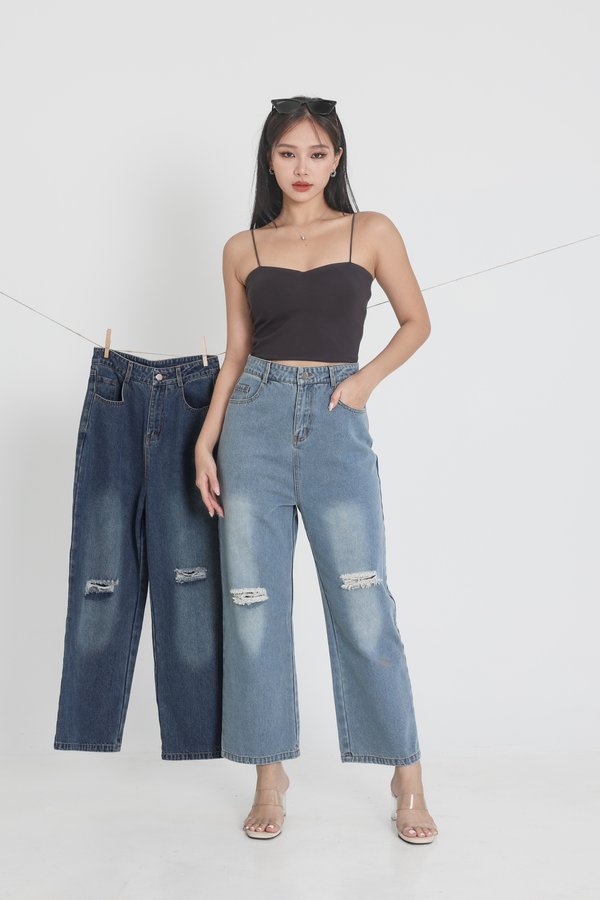 *TPZ* HIGH RISE RIPPED DENIM JEANS IN MID WASH