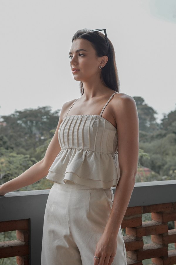 *TPZ* BETA LINEN PEPLUM PADDED TOP IN SOFT BEIGE