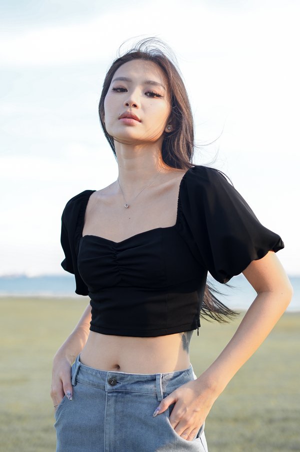 *TPZ* BUSTIER SMOCKED BACK BUBBLE SLEEVES TOP IN BLACK