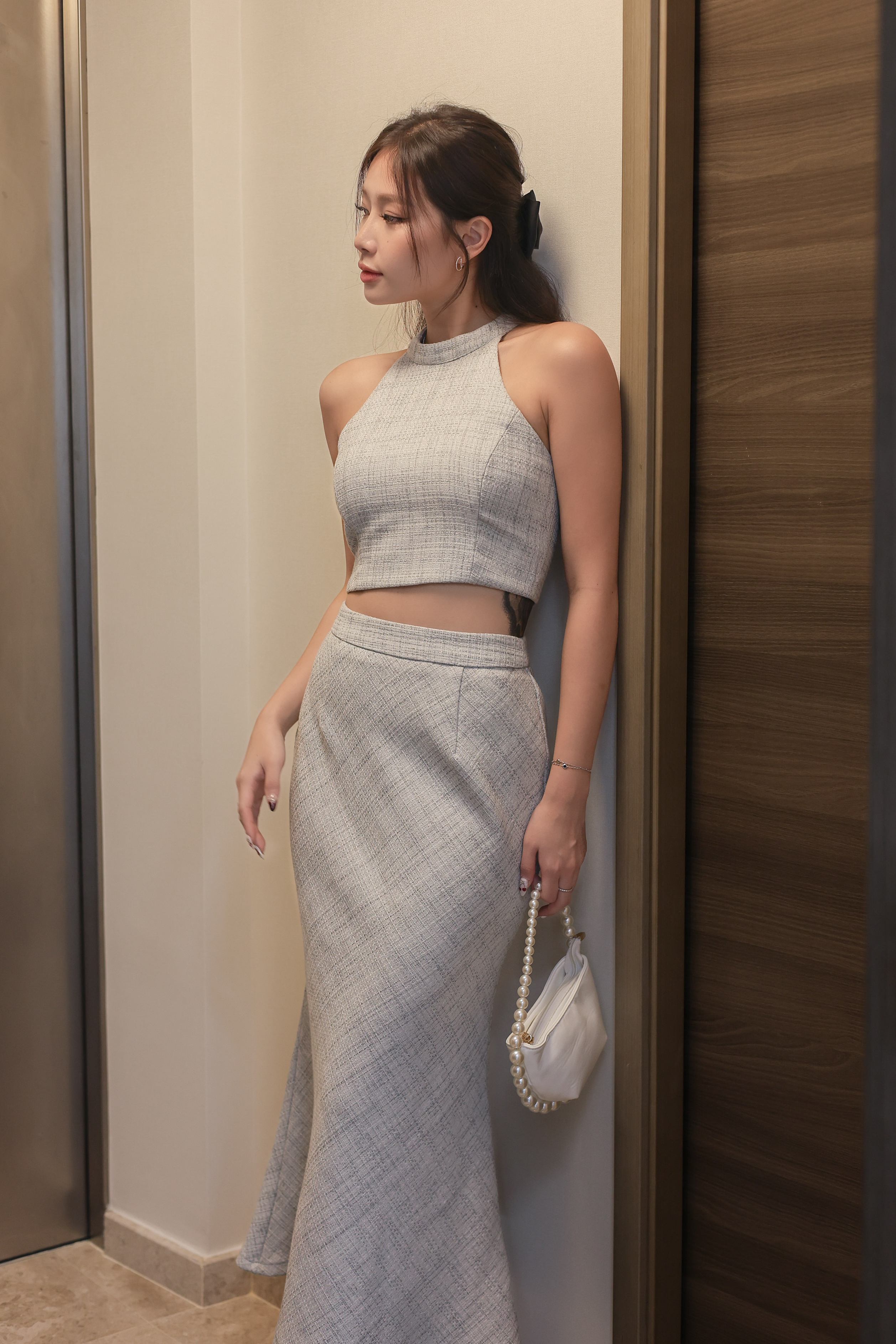 TPZ* VALENTINA TWEED MAXI MERMAID SKIRT IN ASH GREY BLUE | TOPAZETTE