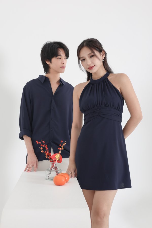 *TPZ* ELIA RUCHED PADDED DRESS IN NAVY 