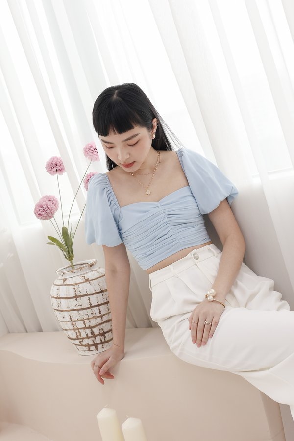 *TPZ* MELLOW BUBBLE SLEEVES PLEATED TOP IN GLASS BLUE 