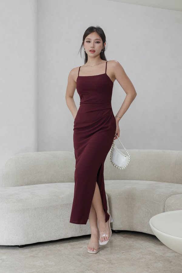 *TPZ* ROYCE PADDED RUCHED MAXI DRESS IN DEEP MAROON