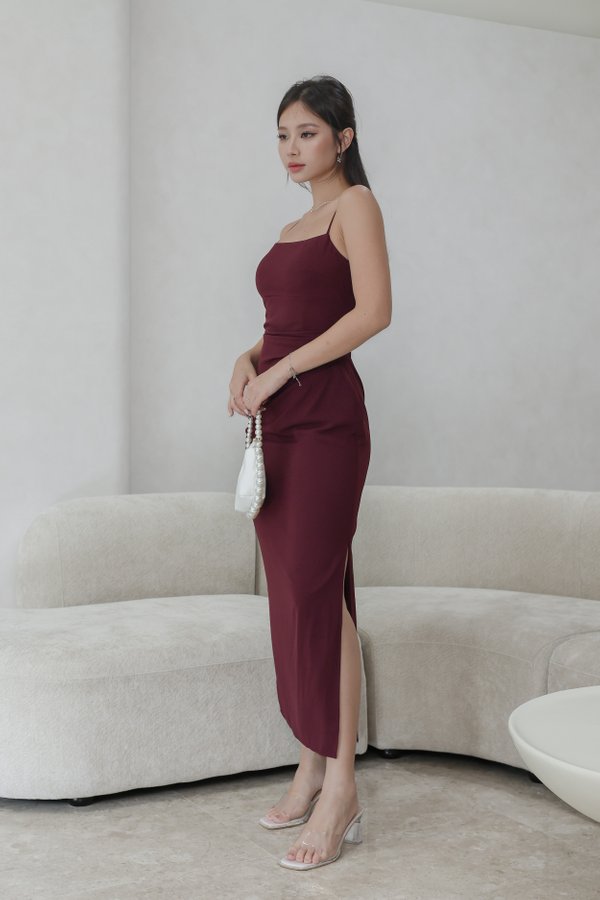 *TPZ* ROYCE PADDED RUCHED MAXI DRESS IN DEEP MAROON