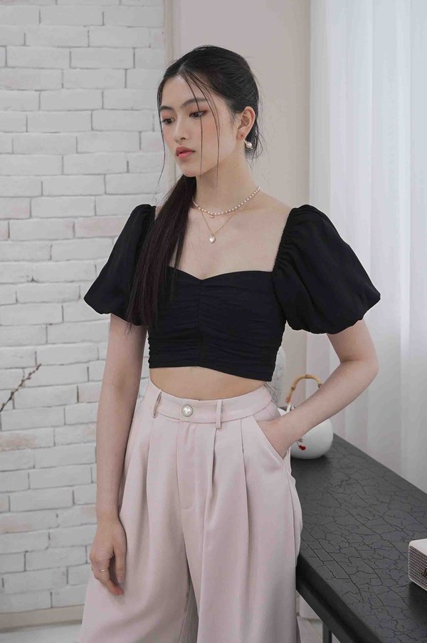 *TPZ* MELLOW BUBBLE SLEEVES PLEATED TOP IN BLACK 