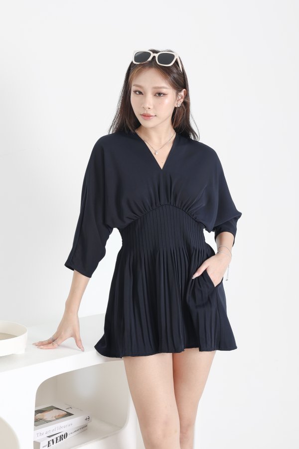 *TPZ* FYN PLEATED TOP/DRESS ROMPER *WITH DETACHABLE SHORTS* IN NAVY