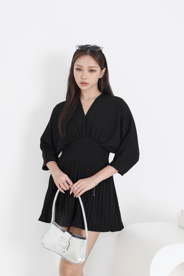 *TPZ* FYN PLEATED TOP/DRESS ROMPER *WITH DETACHABLE SHORTS* IN BLACK