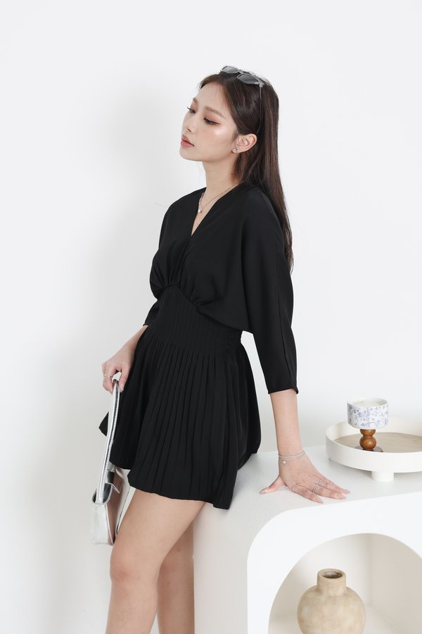 *TPZ* FYN PLEATED TOP/DRESS ROMPER *WITH DETACHABLE SHORTS* IN BLACK