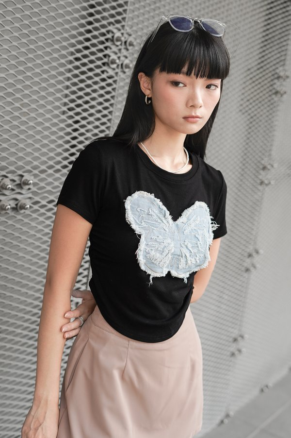 *K-SPECIAL* FRAYED DENIM BUTTERFLY RUCHED TOP 
