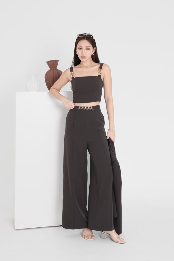 *TPZ* RUNWAY HIGH WAISTED PANTS (PETITE) IN GUNMETAL OAK WITH CHAMPAGNE GOLD HARDWARE