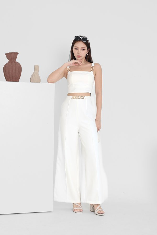 *TPZ* RUNWAY HIGH WAISTED PANTS (PETITE) IN WHITE WITH CHAMPAGNE GOLD HARDWARE