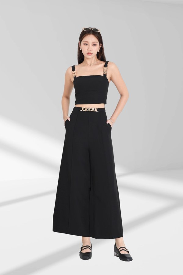 *TPZ* RUNWAY HIGH WAISTED PANTS (PETITE) IN BLACK WITH CHAMPAGNE GOLD HARDWARE