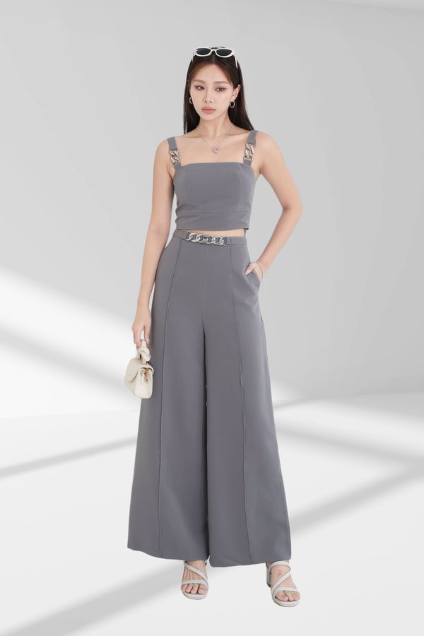 *TPZ* RUNWAY HIGH WAISTED PANTS (PETITE) IN GREY TAUPE WITH SILVER HARDWARE