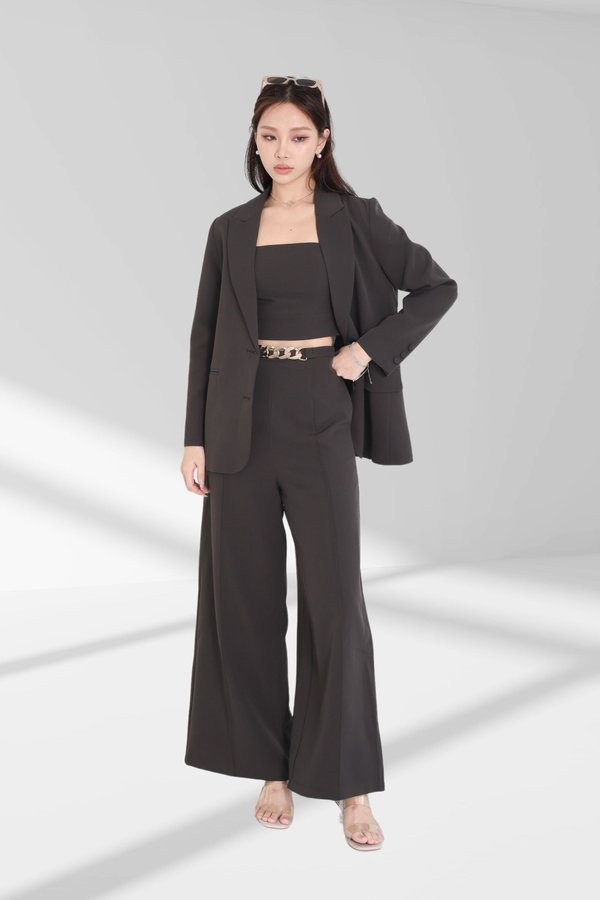 *TPZ* RUNWAY HIGH WAISTED PANTS (PETITE) IN GUNMETAL OAK WITH CHAMPAGNE GOLD HARDWARE