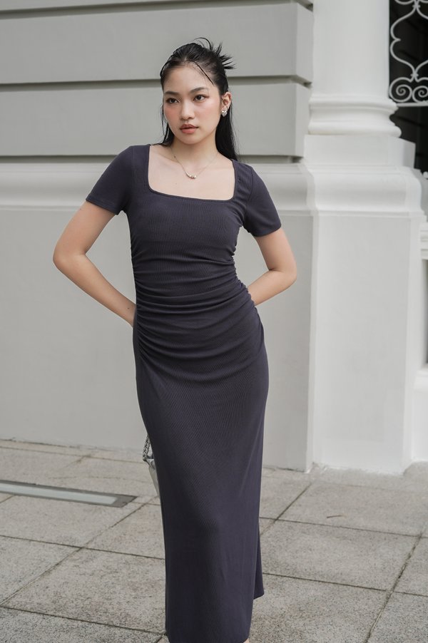 *TPZ* VICTORIA PADDED RUCHED MAXI DRESS IN GUNMETAL BLUE