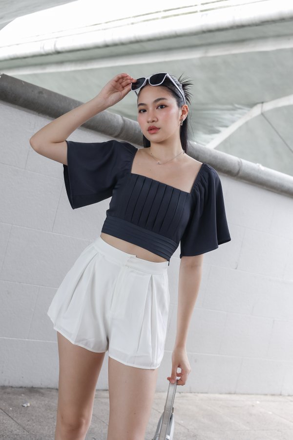 *TPZ* AURA FLUTTER SLEEVES TOP IN GUNMETAL BLUE