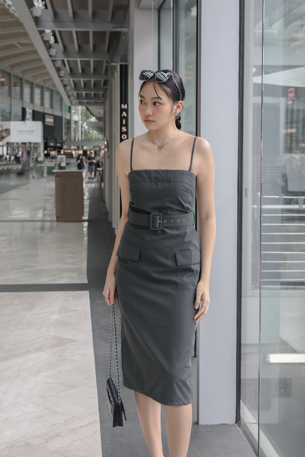 *TPZ* ADVANCE CARGO BELTED MIDI DRESS IN GUNMETAL GREEN