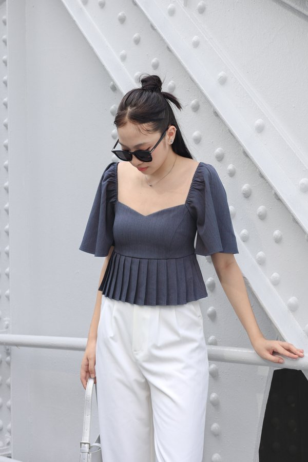 *TPZ* ELISE SWEETHEART PLEATED FLUTTER TOP IN DARK DENIM BLUE