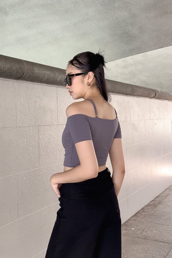 *TPZ* PERFECT OFF SHOULDER PADDED TOP (CROPPED) IN GUNMETAL BLUE