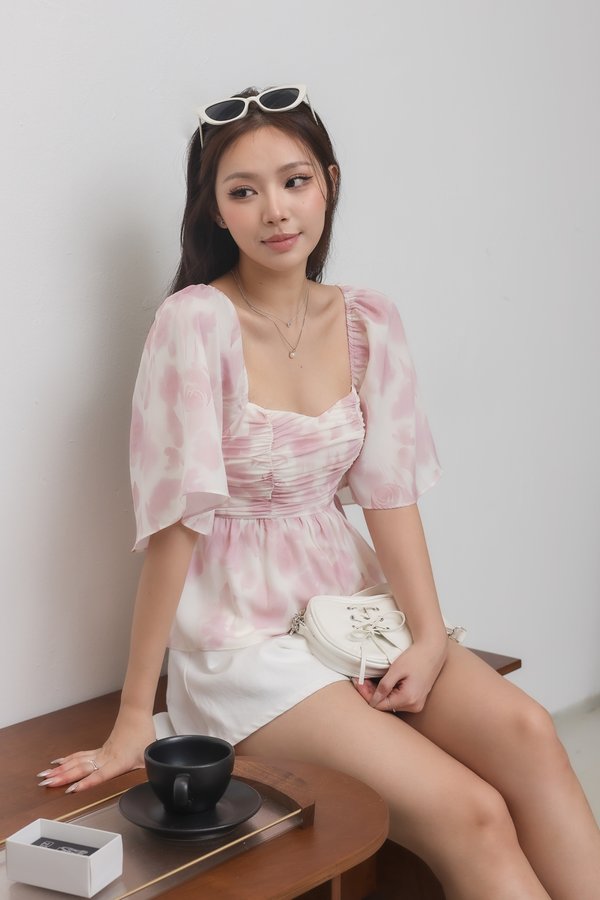 *TPZ* FATE BABYDOLL FLUTTER SLEEVES TOP IN PINK OMBRE FLEUR