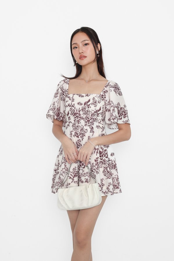 (PREORDER) *TPZ* ELLE FLUTTER SLEEVES DRESS ROMPER WITH DETACHABLE SHORTS IN TOILE DE HAPPINESS IVORY WINE