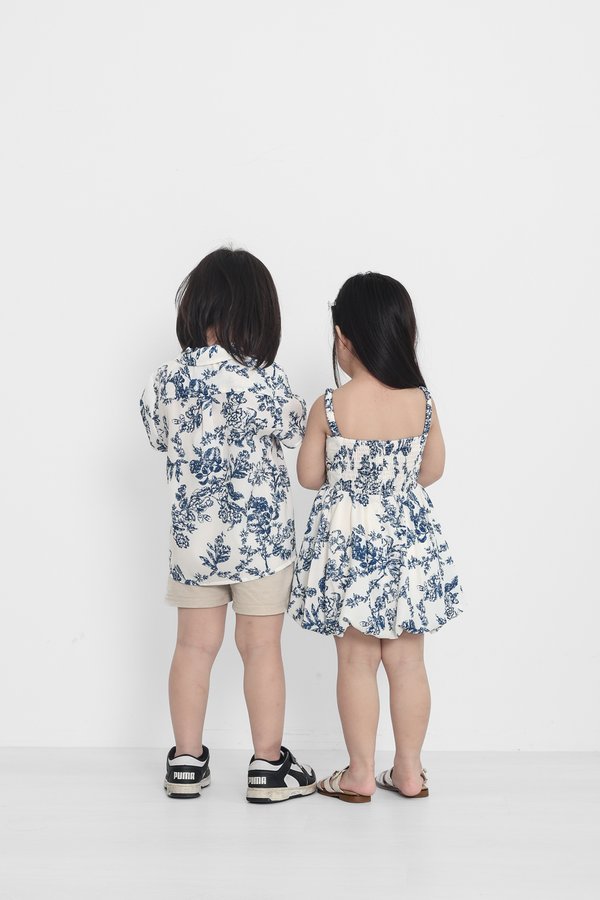 *MINI TOPAZETTE* BUBBLE SCRUNCHIE DRESS IN TOILE DE HAPPINESS FRENCH BLUE