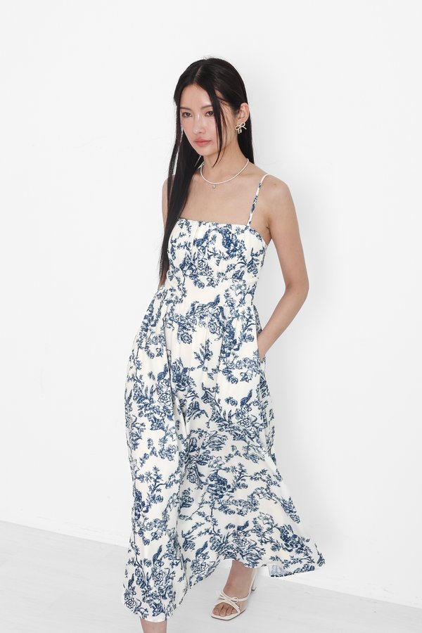 (PREORDER) *TPZ* ELENA RUCHED MIDAXI DRESS IN TOILE DE HAPPINESS FRENCH BLUE