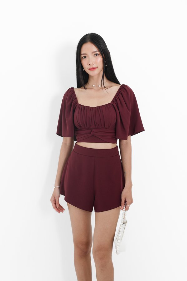 (PREORDER) *TPZ* AVA FLUTTER SLEEVES KNOTTED TOP IN DEEP BURGUNDY