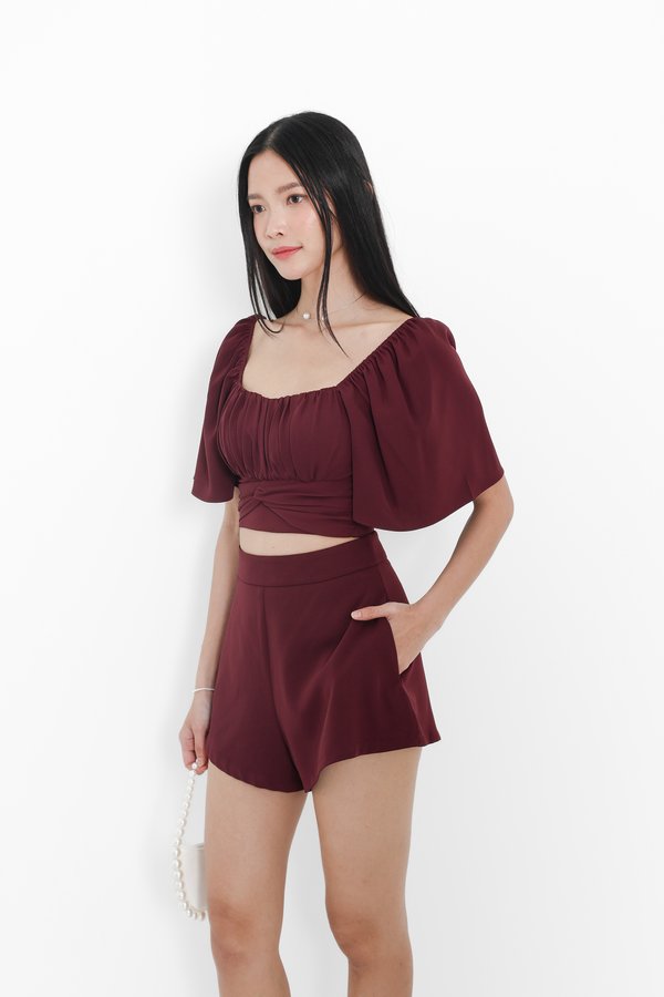 *TPZ* AVA FLUTTER SLEEVES KNOTTED TOP IN DEEP BURGUNDY