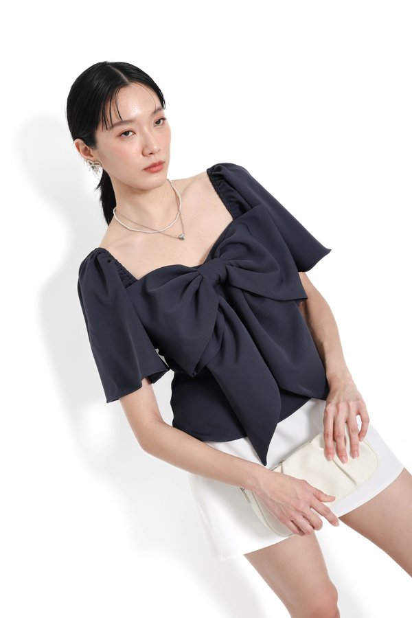 *TPZ* TESSA BIG RIBBON FLUTTER SLEEVES TOP IN GUNMETAL BLUE