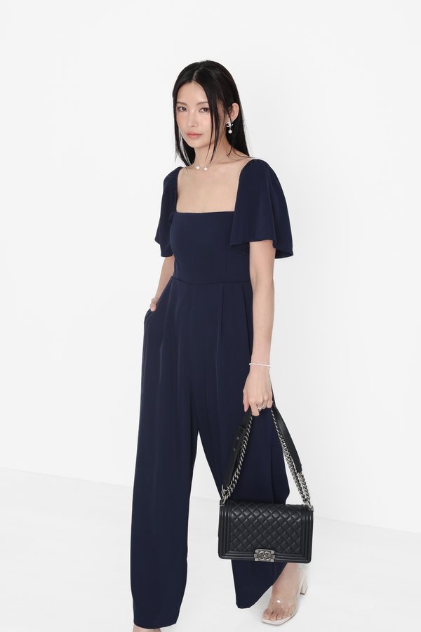 (PREORDER) *TPZ* VENNA FLUTTER SLEEVES JUMPSUIT (PETITE) IN MIDNIGHT NAVY