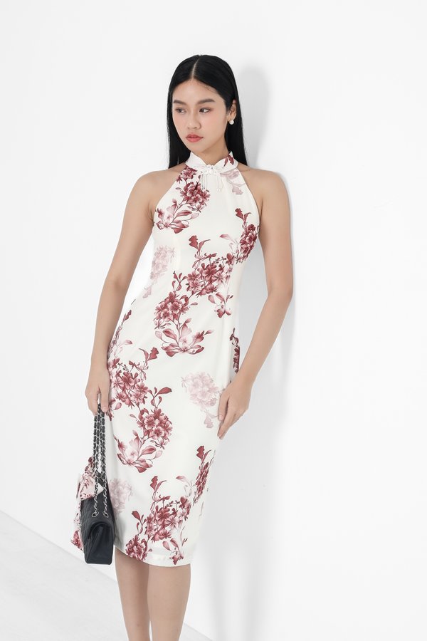 *TPZ* EN (恩) HALTER CHEONGSAM WITH EXQUISITE COLLAR IN TOILE DE GRACE IVORY WINE