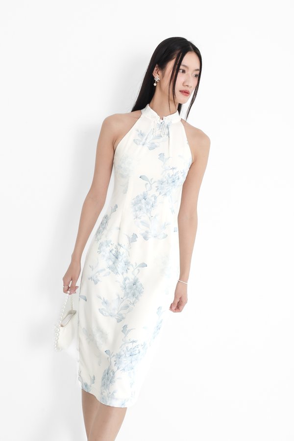 (PREORDER) *TPZ* EN (恩) HALTER CHEONGSAM WITH EXQUISITE COLLAR IN TOILE DE GRACE IVORY BLUE