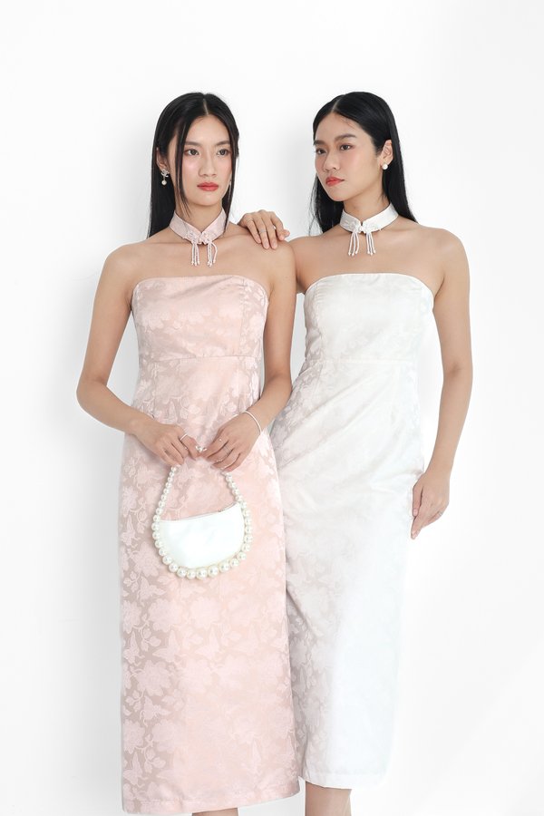 (PREORDER) *TPZ* QING (情) JACQUARD CHEONGSAM WITH DETACHABLE COLLAR IN TOILE DE LOVE CHAMPAGNE PEARL