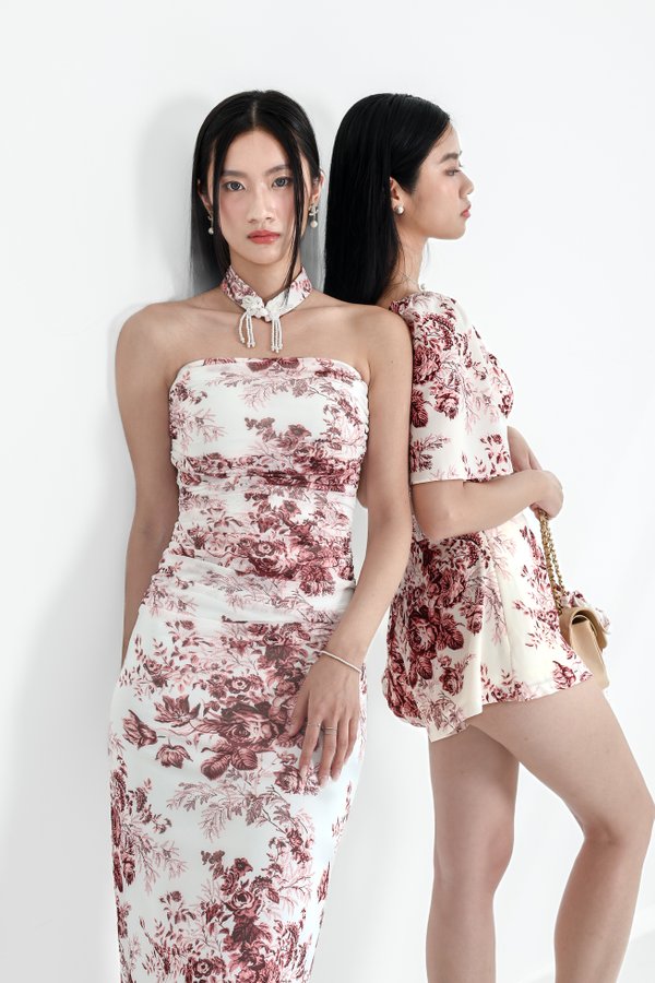 (PREORDER) *TPZ LUXE MESH* MAJESTIC RUCHED MESH CHEONGSAM WITH EXQUISITE COLLAR IN TOILE DE FLEUR IN WINE RED