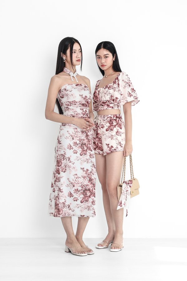 (PREORDER) *TPZ LUXE MESH* MAJESTIC RUCHED MESH CHEONGSAM WITH EXQUISITE COLLAR IN TOILE DE FLEUR IN WINE RED