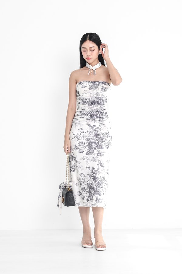 (PREORDER) *TPZ LUXE MESH* MAJESTIC RUCHED MESH CHEONGSAM WITH EXQUISITE COLLAR IN TOILE DE FLEUR IN GREY LAVENDER