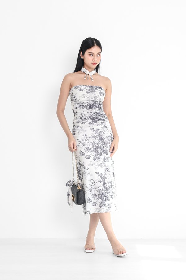 (PREORDER) *TPZ LUXE MESH* MAJESTIC RUCHED MESH CHEONGSAM WITH EXQUISITE COLLAR IN TOILE DE FLEUR IN GREY LAVENDER