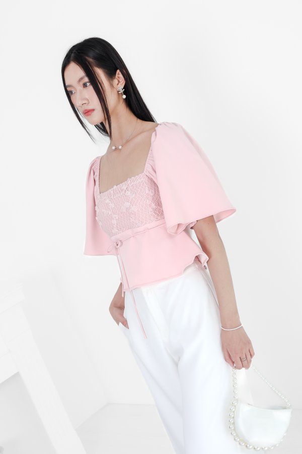 *TPZ* ETERNAL ROSE LACE FLUTTER SLEEVES TOP IN ICE PINK