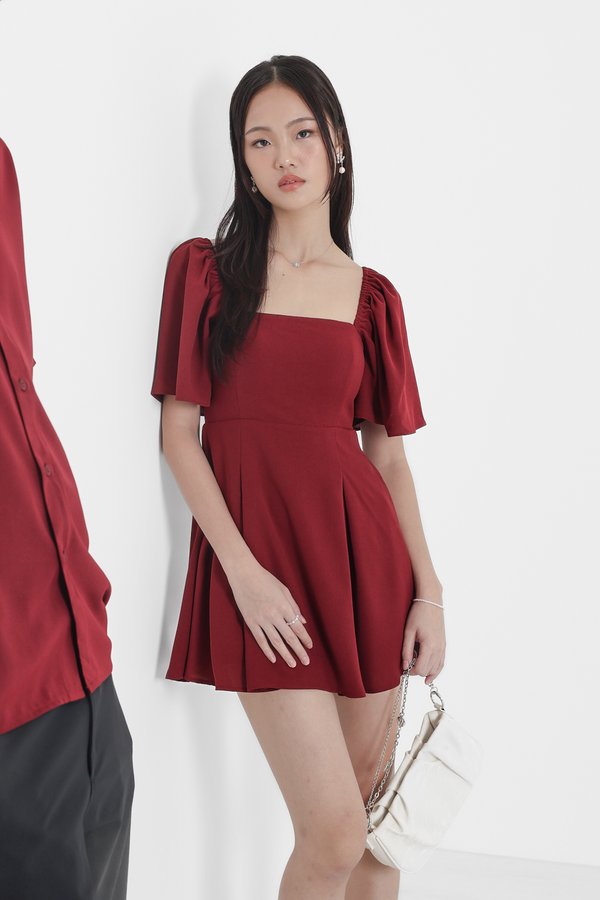 (PREORDER) *TPZ* ELLE FLUTTER SLEEVES DRESS ROMPER WITH DETACHABLE SHORTS IN WINE