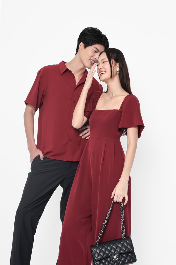 (PREORDER) *TPZ* VENNA FLUTTER SLEEVES JUMPSUIT (PETITE) IN WINE