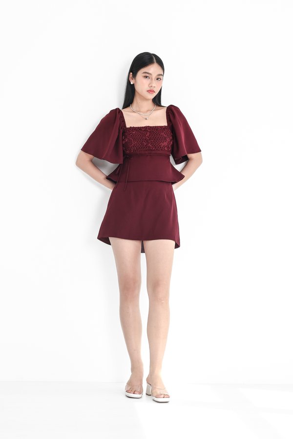 *TPZ* ETERNAL ROSE LACE FLUTTER SLEEVES TOP IN BURGUNDY