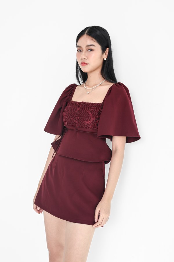 *TPZ* ETERNAL ROSE LACE FLUTTER SLEEVES TOP IN BURGUNDY