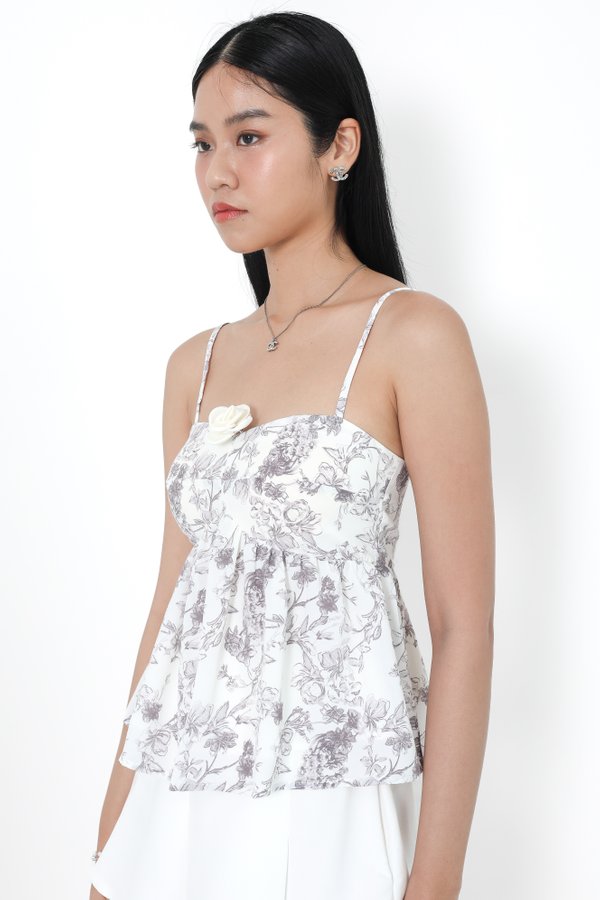 *TPZ* MELODY BABYDOLL TOP IN FLORALS WITH DETACHABLE ROSE IN GREY LAVENDE