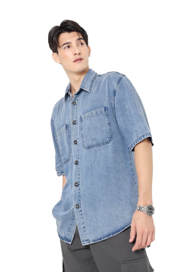 (PREORDER) *TPZ* VEMY UNISEX TENCEL DENIM SHIRT IN MID WASH