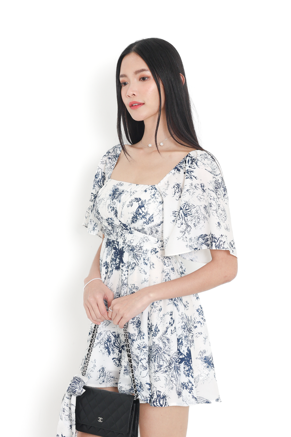 *TPZ* BELS FLUTTER SLEEVES DRESS WITH DETACHABLE SHORTS IN TOILE DE CHANCE DEEP BLUE