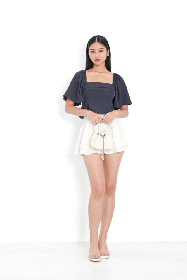 (PREORDER) *TPZ* TRINITY PEPLUM FLUTTER SLEEVES TOP IN GUNMETAL BLUE