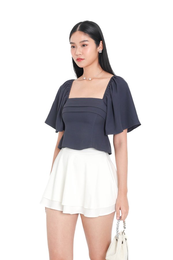 *TPZ* TRINITY PEPLUM FLUTTER SLEEVES TOP IN GUNMETAL BLUE